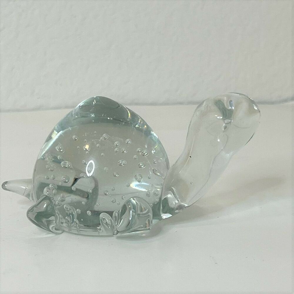 Vintage Clear Art Glass Turtle Figurine 1980s Controlled Bubbles Paperweight